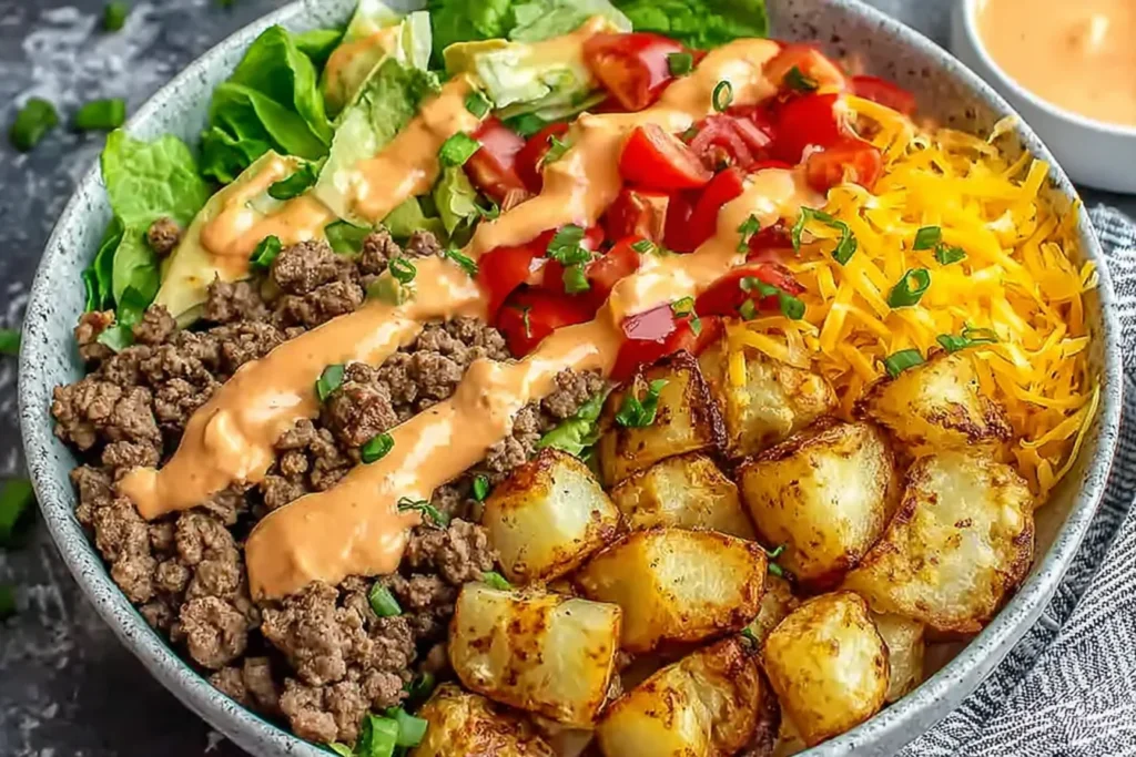 High Protein Burger Bowls with seasoned ground beef, crisp romaine, tomatoes, shredded cheddar, roasted potatoes, and creamy burger sauce.
