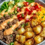 High Protein Burger Bowls with seasoned ground beef, crisp romaine, tomatoes, shredded cheddar, roasted potatoes, and creamy burger sauce.