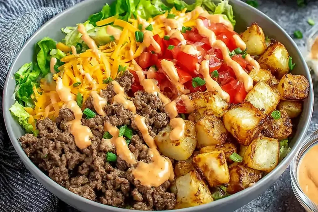 High Protein Burger Bowls topped with seasoned ground beef, shredded cheddar, diced tomatoes, crunchy lettuce, roasted potatoes, and creamy burger sauce.