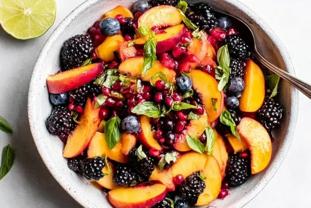 Honey Lime Basil Peach Fruit Salad with sliced peaches, blackberries, blueberries, pomegranate seeds, and fresh basil in a bowl with lime.