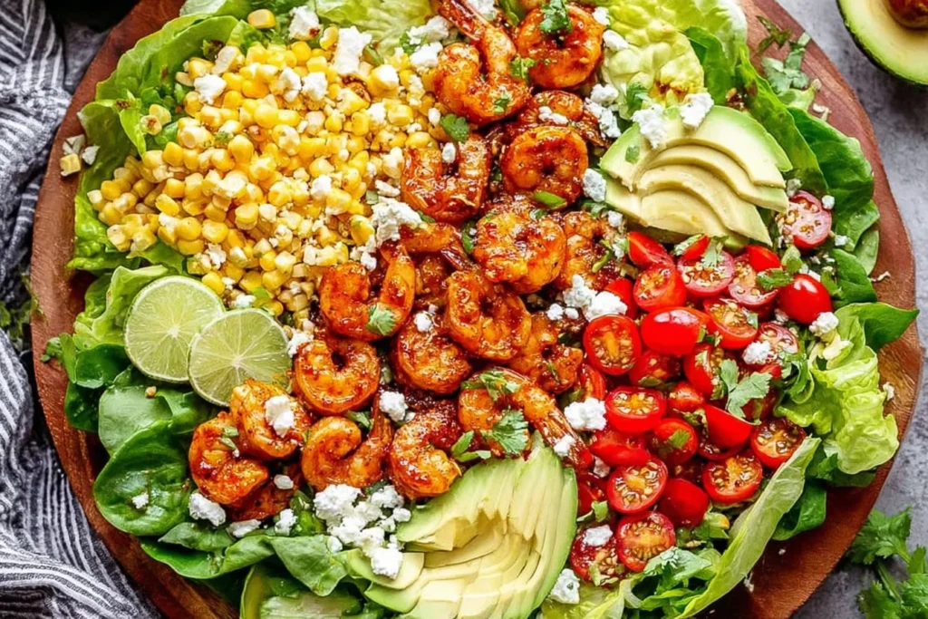Honey Lime Shrimp Salad in a wooden bowl with butter lettuce, chili-lime glazed shrimp, corn, cherry tomatoes, avocado slices, queso fresco, cilantro, and lime wedges.