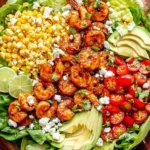 Honey Lime Shrimp Salad in a wooden bowl with butter lettuce, chili-lime glazed shrimp, corn, cherry tomatoes, avocado slices, queso fresco, cilantro, and lime wedges.