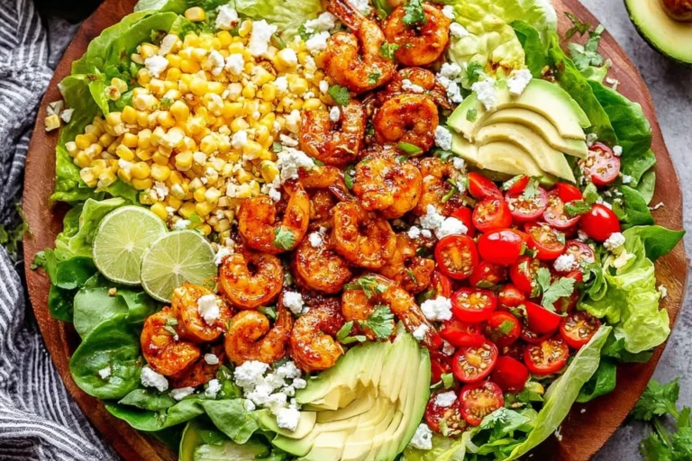 Honey Lime Shrimp Salad in a wooden bowl with butter lettuce, chili-lime glazed shrimp, corn, cherry tomatoes, avocado slices, queso fresco, cilantro, and lime wedges.