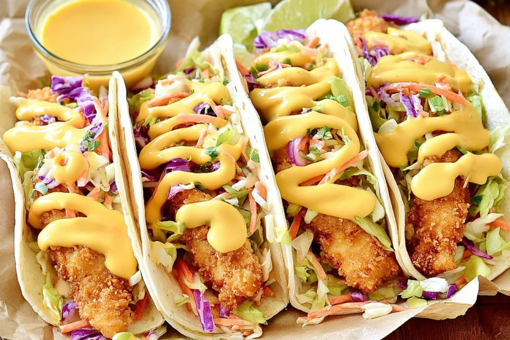Honey Mustard Chicken Tacos with crispy chicken strips, crunchy broccoli slaw, and creamy honey mustard sauce drizzled on top.