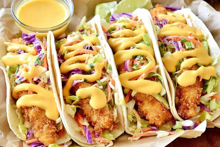 Honey Mustard Chicken Tacos with crispy chicken strips, crunchy broccoli slaw, and creamy honey mustard sauce drizzled on top.