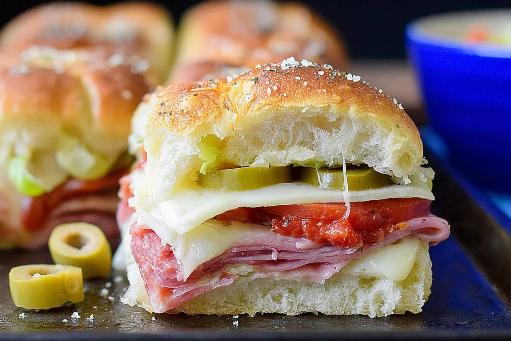 Hot Italian Sub Sliders stacked with ham, salami, pepperoni, melted provolone, and pickled peppers on buttery toasted rolls.