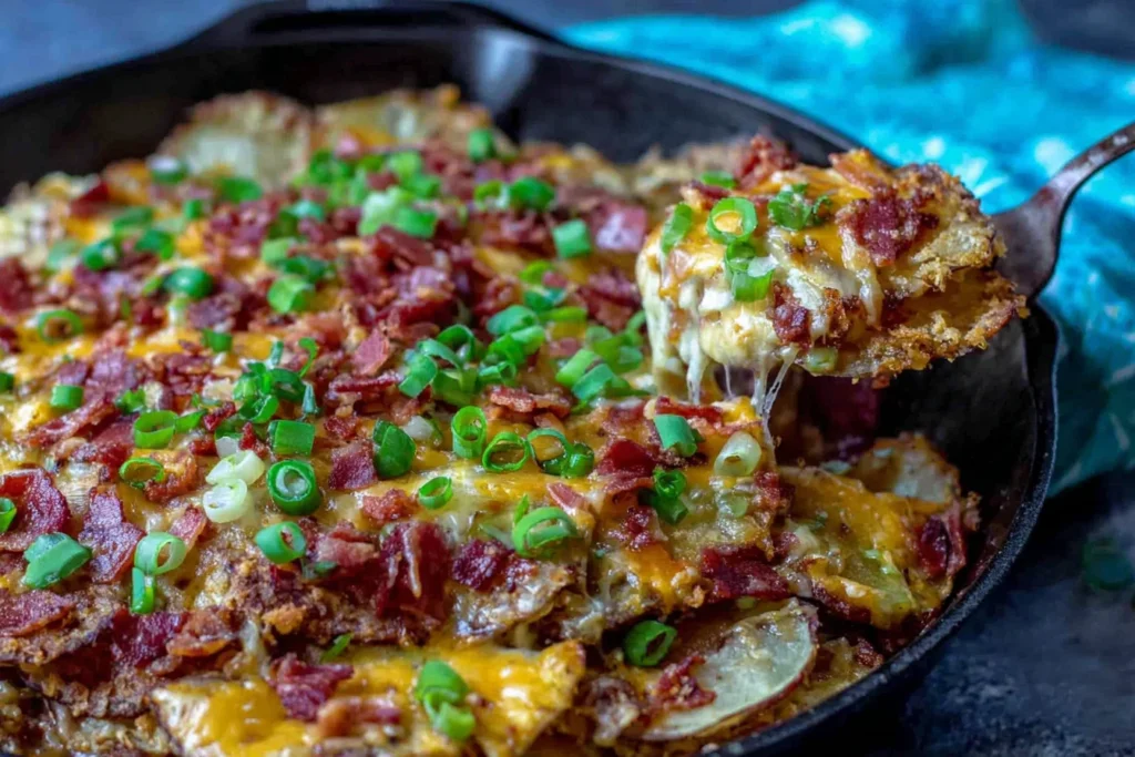 Irish Pub Potato Nachos in a cast-iron skillet with crispy potato slices, melted cheddar jack cheese, bacon, green onions, and gooey cheese pull.