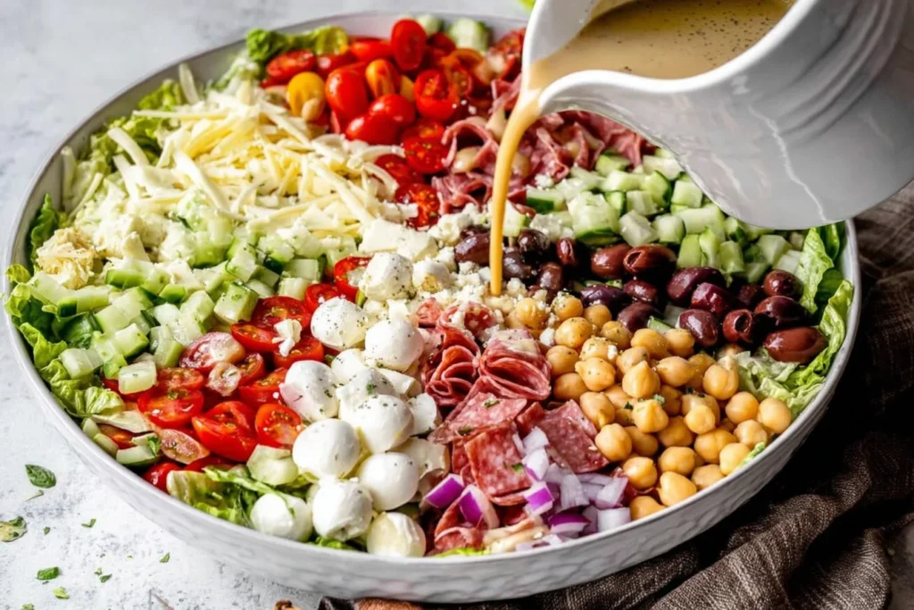 Italian Chopped Salad ingredients in a bowl as creamy vinaigrette is poured over romaine, chickpeas, olives, tomatoes, mozzarella, and salami.