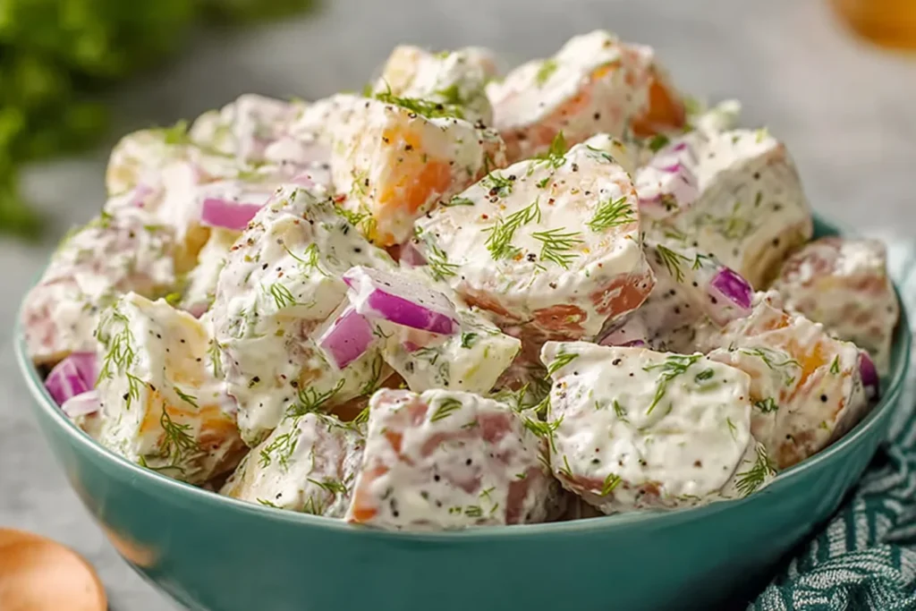 Jamaican Potato Salad close-up in a teal bowl, with creamy mayo dressing, sweet potato chunks, red onion, herbs, and cracked pepper.
