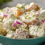 Jamaican Potato Salad close-up in a teal bowl, with creamy mayo dressing, sweet potato chunks, red onion, herbs, and cracked pepper.