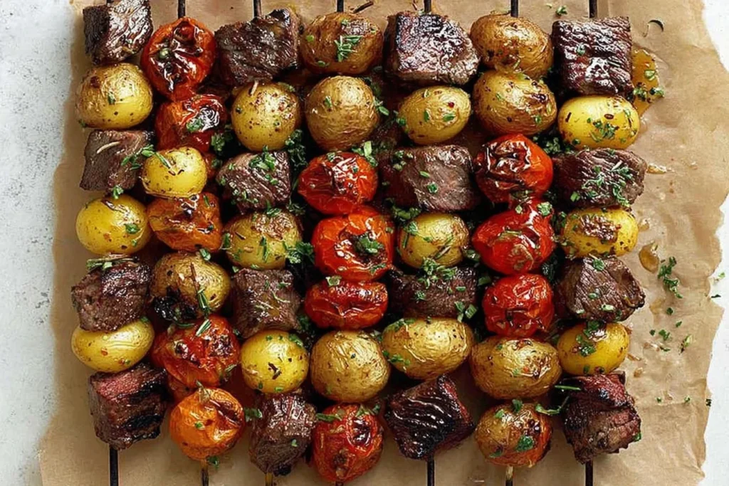 Rosemary Garlic Steak Kebabs with grilled sirloin, baby potatoes, and blistered tomatoes on skewers, finished with fresh rosemary and garlic.