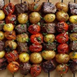 Rosemary Garlic Steak Kebabs with grilled sirloin, baby potatoes, and blistered tomatoes on skewers, finished with fresh rosemary and garlic.