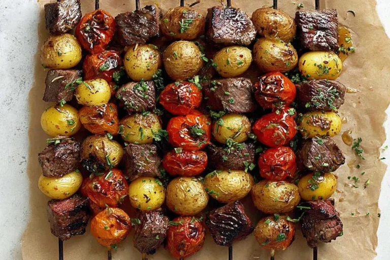 Rosemary Garlic Steak Kebabs with grilled sirloin, baby potatoes, and blistered tomatoes on skewers, finished with fresh rosemary and garlic.