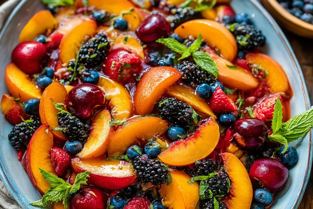 Summer Fruit Salad loaded with sliced peaches, cherries, blueberries, blackberries, strawberries, and fresh mint in a glossy maple-lemon dressing.