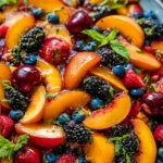Summer Fruit Salad loaded with sliced peaches, cherries, blueberries, blackberries, strawberries, and fresh mint in a glossy maple-lemon dressing.