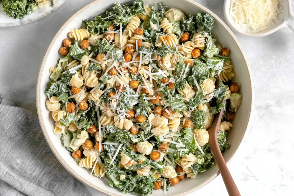 Overhead view of Kale Caesar Pasta Salad with rotini, chopped kale, crispy roasted chickpeas, and shaved parmesan in a large bowl.