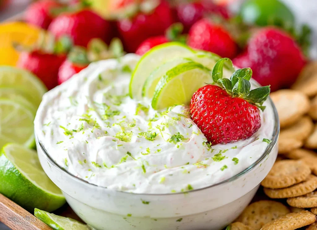 Key Lime Pie Fruit Dip in a clear glass bowl topped with lime slices, lime zest, and a strawberry, served with crackers and fresh fruit.