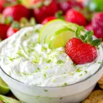 Key Lime Pie Fruit Dip in a clear glass bowl topped with lime slices, lime zest, and a strawberry, served with crackers and fresh fruit.