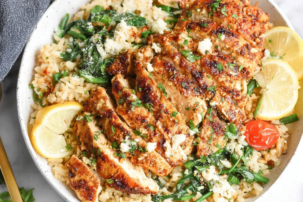 Lemon Garlic Parmesan Chicken & Rice bowl topped with sliced golden chicken, spinach, cherry tomatoes, feta, and fresh lemon wedges.