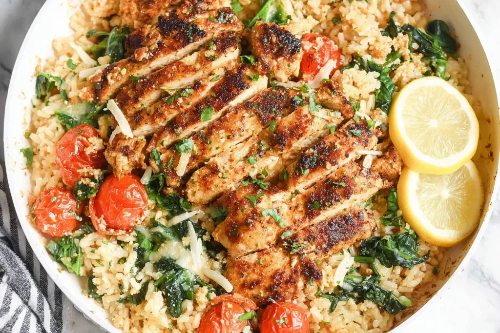 Lemon Garlic Parmesan Chicken & Rice skillet with sliced crispy chicken, garlicky parmesan rice, wilted spinach, roasted cherry tomatoes, and fresh lemon slices.