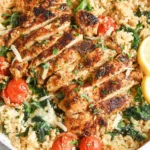 Lemon Garlic Parmesan Chicken & Rice skillet with sliced crispy chicken, garlicky parmesan rice, wilted spinach, roasted cherry tomatoes, and fresh lemon slices.
