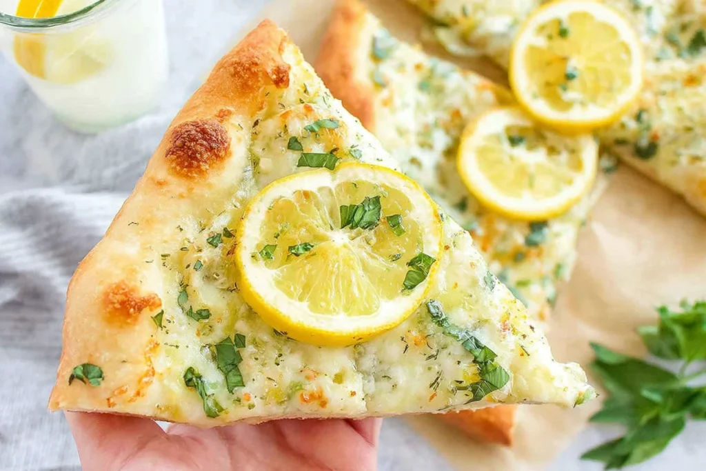 Hand holding a slice of Lemon Pizza with melty mozzarella, lemon slice, and fresh herbs—zesty white pizza perfect for summer.
