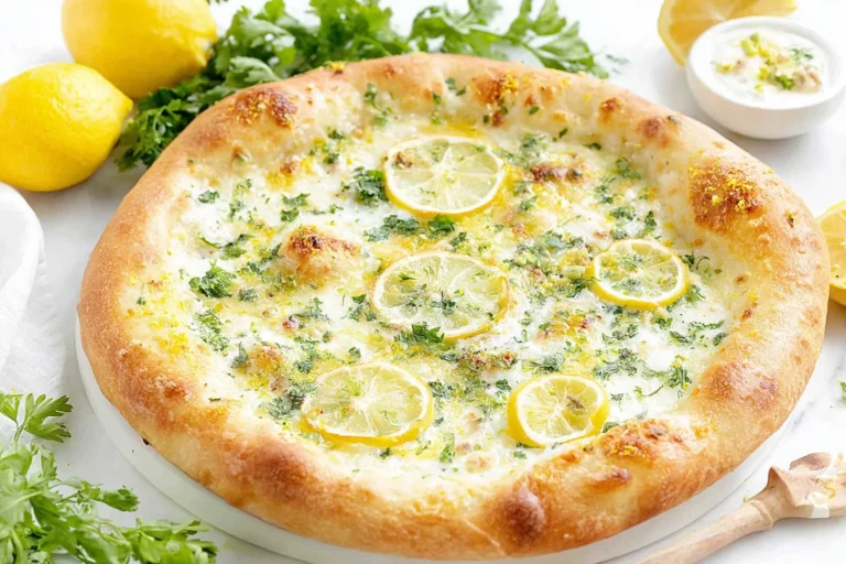 Lemon Pizza with creamy mozzarella, fresh lemon slices, and parsley on a golden baked crust—bright white pizza perfect for summer.