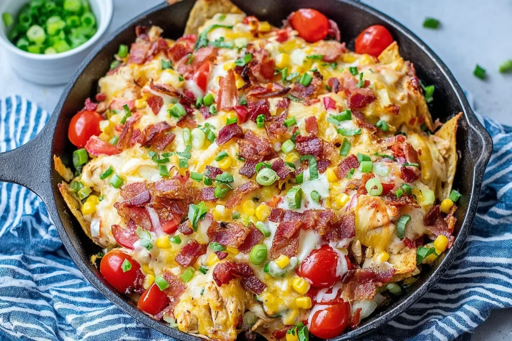 Chicken Nachos Skillet loaded with melted cheese, crispy bacon, corn, cherry tomatoes, and green onions in a cast-iron skillet.