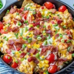 Chicken Nachos Skillet loaded with melted cheese, crispy bacon, corn, cherry tomatoes, and green onions in a cast-iron skillet.