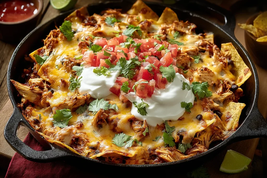 Chicken Tortilla Dump Dinner baked in a cast-iron skillet with melty Mexican cheese, tortilla chips, shredded chicken, salsa, sour cream, and cilantro.