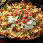 Chicken Tortilla Dump Dinner baked in a cast-iron skillet with melty Mexican cheese, tortilla chips, shredded chicken, salsa, sour cream, and cilantro.