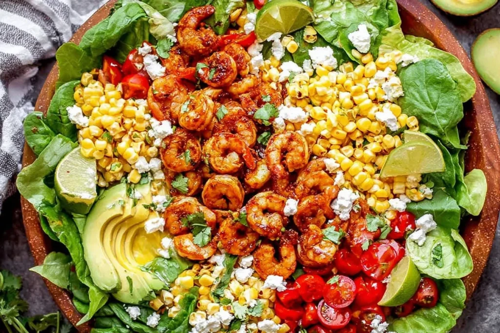 Honey Lime Shrimp Salad in a rustic bowl with honey-lime glazed shrimp, butter lettuce, sweet corn, cherry tomatoes, avocado, queso fresco, cilantro, and lime wedges.