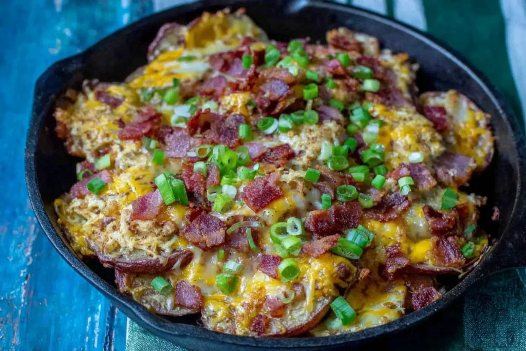 Irish Pub Potato Nachos in a cast-iron skillet topped with melted cheddar jack, crispy bacon, and chopped green onions on a rustic blue table.