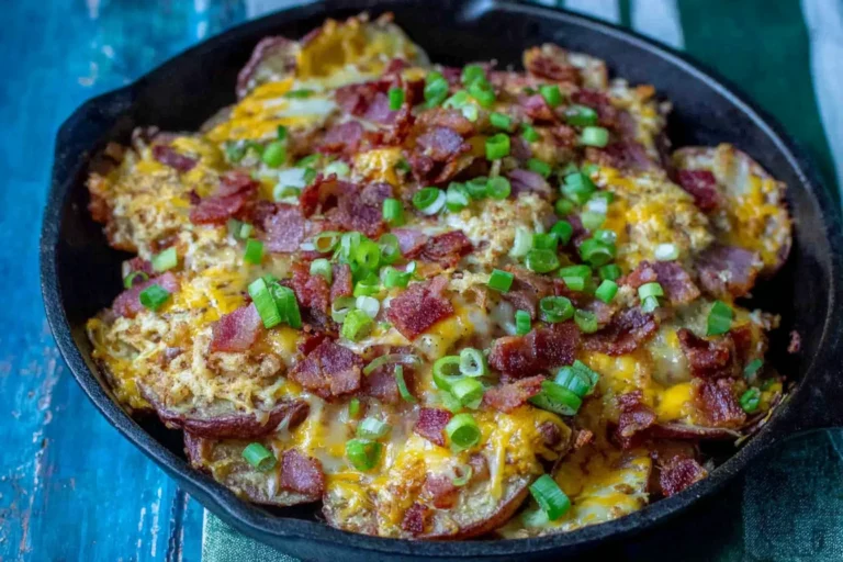 Irish Pub Potato Nachos in a cast-iron skillet topped with melted cheddar jack, crispy bacon, and chopped green onions on a rustic blue table.