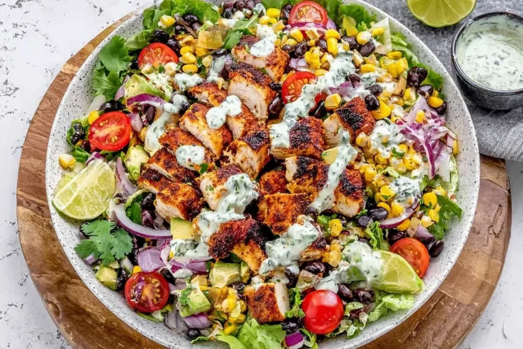 Mexican Grilled Chicken Salad in a large bowl with grilled chicken, black beans, corn, cherry tomatoes, red onion, avocado, and creamy avocado-cilantro dressing.