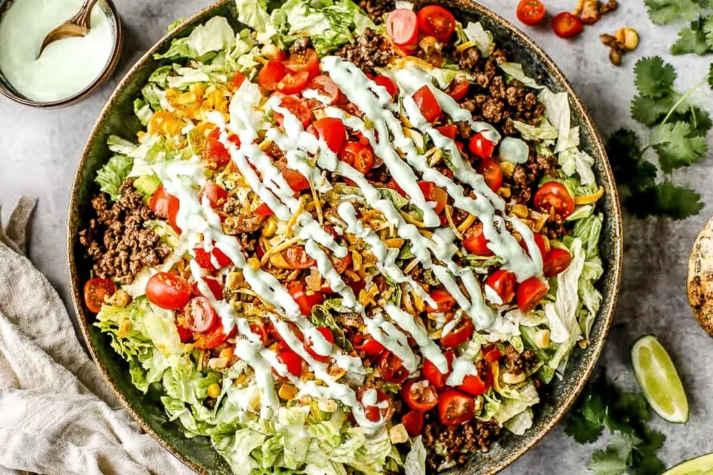 Taco Salad in a large bowl with seasoned ground beef, romaine, cherry tomatoes, corn, shredded cheese, and creamy cilantro-lime dressing drizzle.