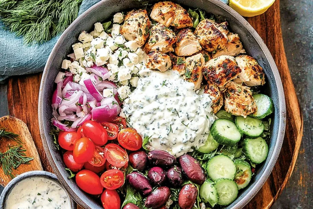 Low-Carb Greek Chicken Bowls with grilled chicken, cucumber, tomatoes, feta, olives, and creamy tzatziki sauce in a meal prep bowl.