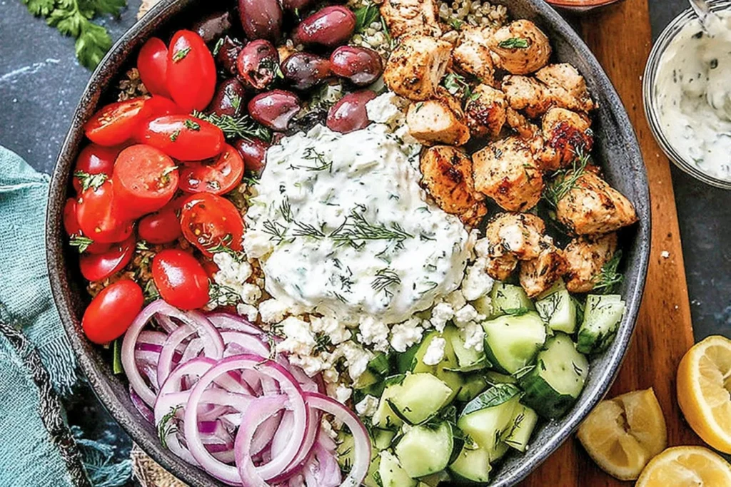 Low-Carb Greek Chicken Bowls with marinated chicken, cherry tomatoes, cucumbers, Kalamata olives, feta, and creamy tzatziki on a hearty bowl base.