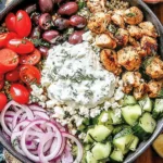 Low-Carb Greek Chicken Bowls with marinated chicken, cherry tomatoes, cucumbers, Kalamata olives, feta, and creamy tzatziki on a hearty bowl base.