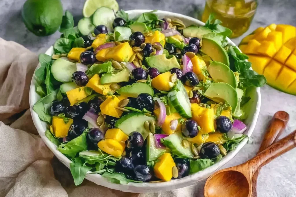 Mango Cucumber Salad with blueberries, avocado, arugula, and toasted walnuts in a bowl with cilantro lime vinaigrette.