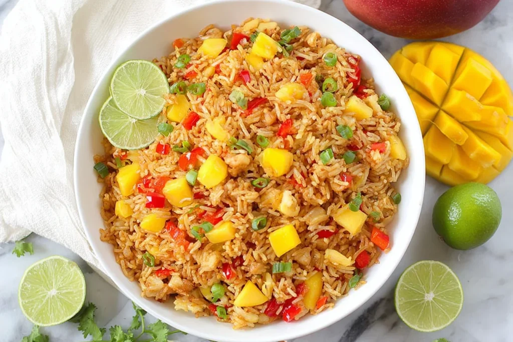 Mango Fried Rice in a white bowl with diced mango, red pepper, green onions, and lime wedges.