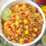 Mango Fried Rice in a white bowl with diced mango, red pepper, green onions, and lime wedges.