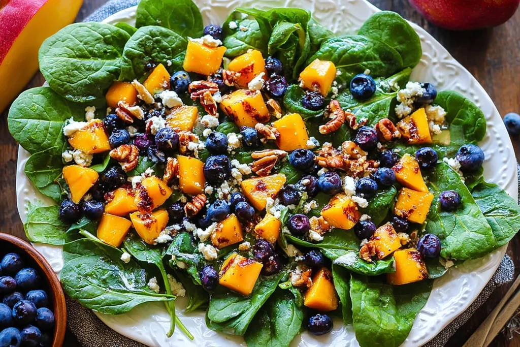 Mango Salad with Spinach and Blueberries topped with feta, honey-glazed walnuts, and fresh lemon Dijon dressing on a white plate.