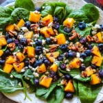 Mango Salad with Spinach and Blueberries topped with feta, honey-glazed walnuts, and fresh lemon Dijon dressing on a white plate.