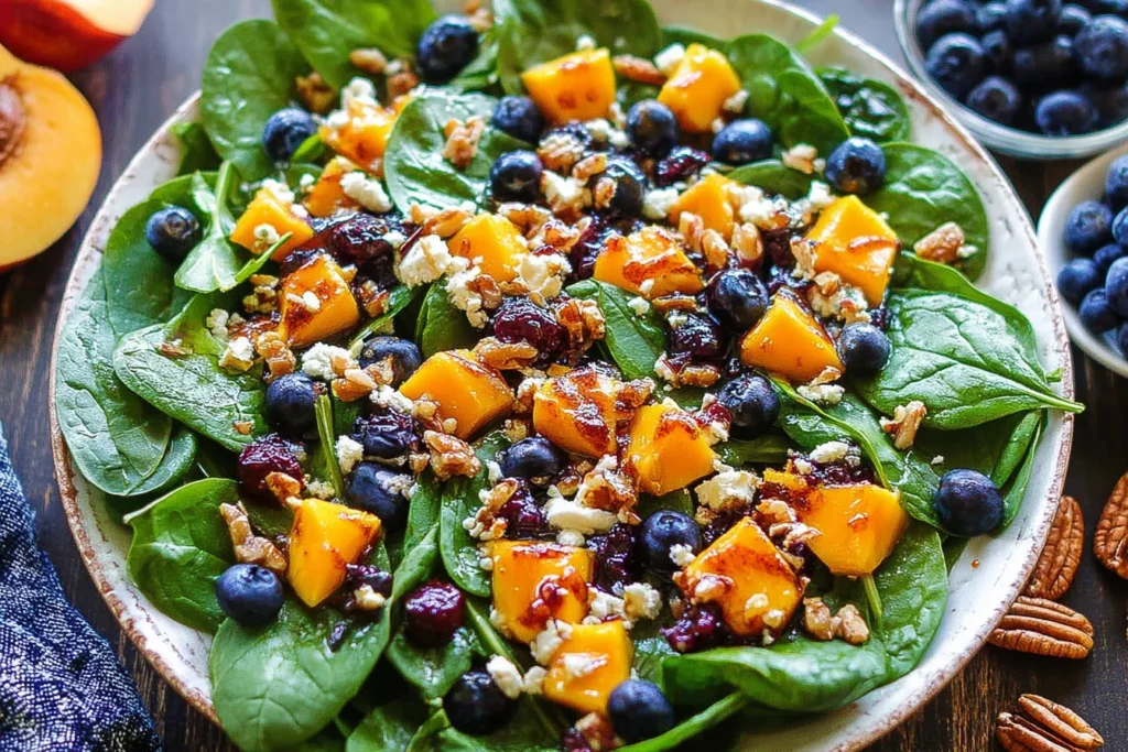 Mango Salad with Spinach and Blueberries in a bowl with diced mango, fresh blueberries, crumbled feta, and honey-glazed nuts.