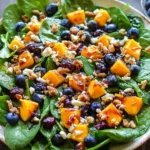 Mango Salad with Spinach and Blueberries in a bowl with diced mango, fresh blueberries, crumbled feta, and honey-glazed nuts.