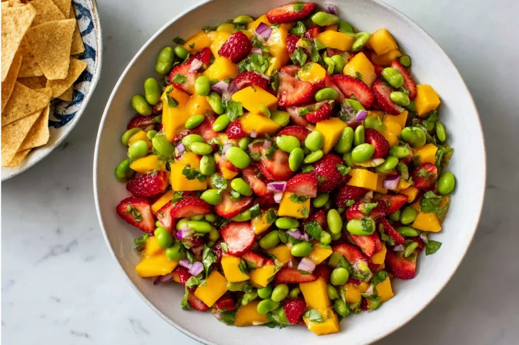 Overhead view of Mango Strawberry Avocado Edamame Salsa with mango, strawberries, edamame, herbs, and red onion, served with tortilla chips.