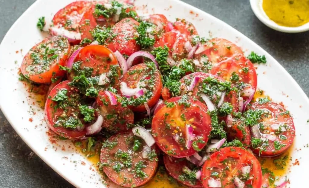 Marinated Tomatoes Salad on an oval platter with sliced tomatoes, red onion, fresh herbs, and olive oil vinegar marinade.