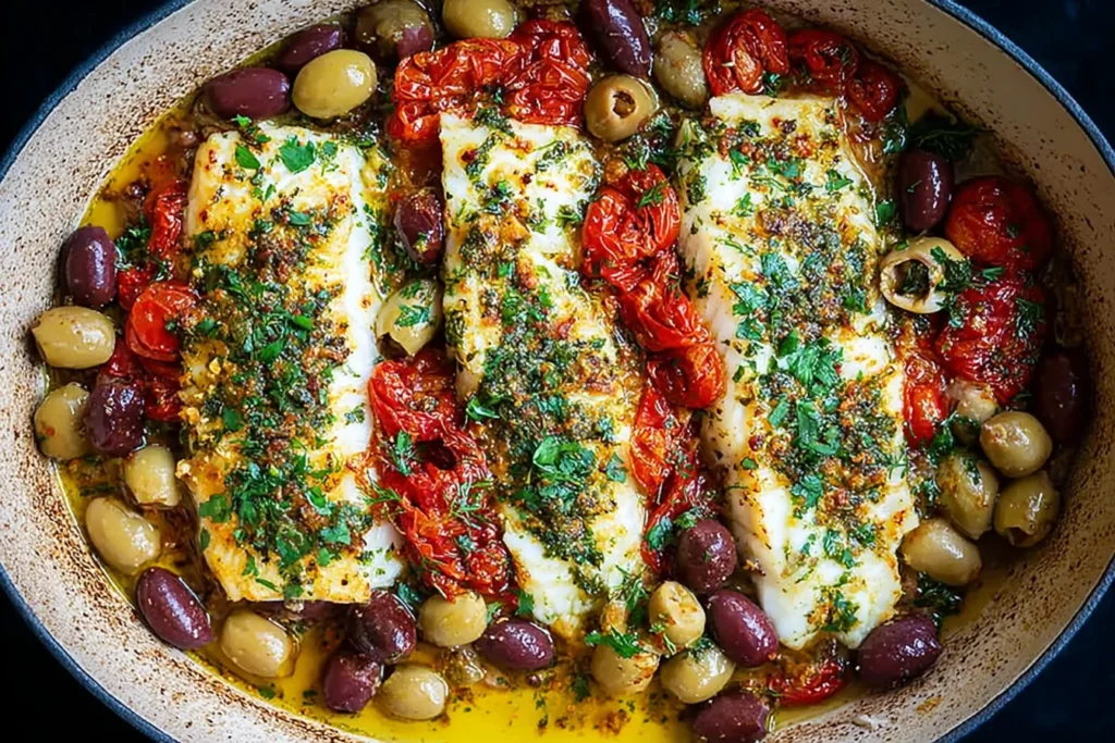 Mediterranean Baked Fish fillets baked with cherry tomatoes, olives, herbs, and lemon in a skillet
