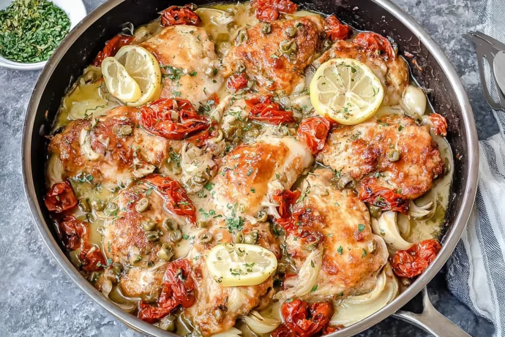 Mediterranean Chicken Skillet in a stainless-steel pan with creamy lemon sauce, sun-dried tomatoes, capers, onions, and fresh parsley.